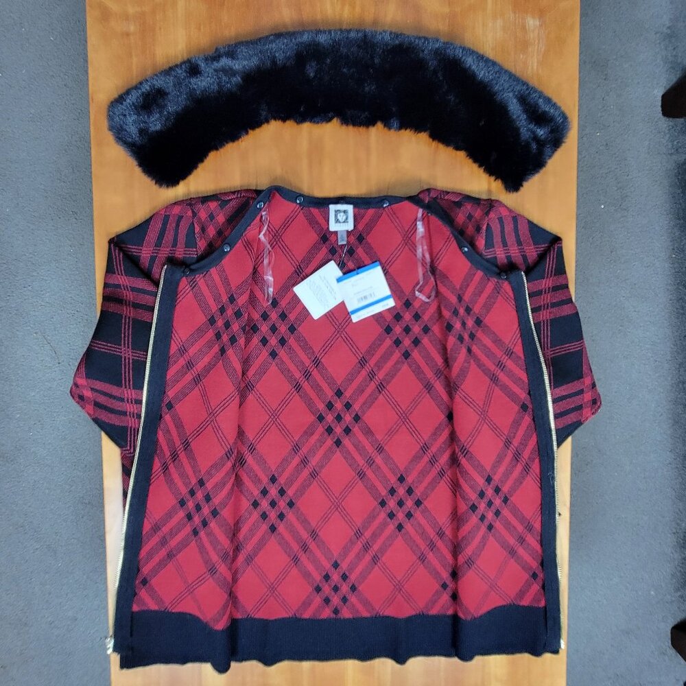 NWT Anne Klein Black & Red Full Zip Sweater Removable Faux Fur Collar - XL - Picture 10 of 15